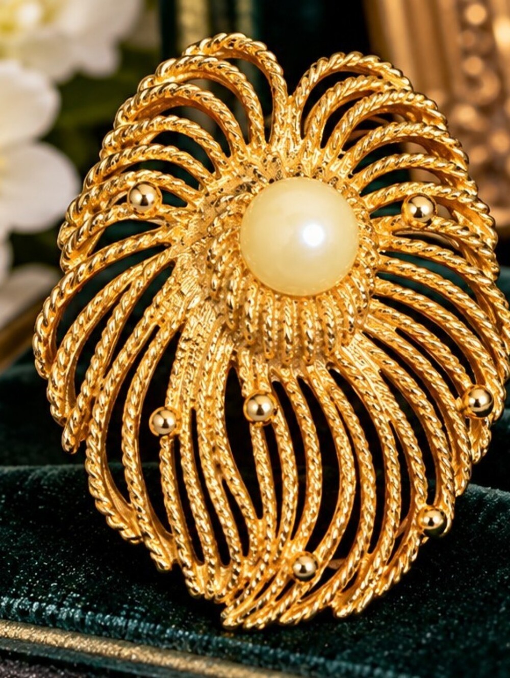 Vintage Caroline Gold Tone Faux Pearl Statement Brooch Textured Openwork